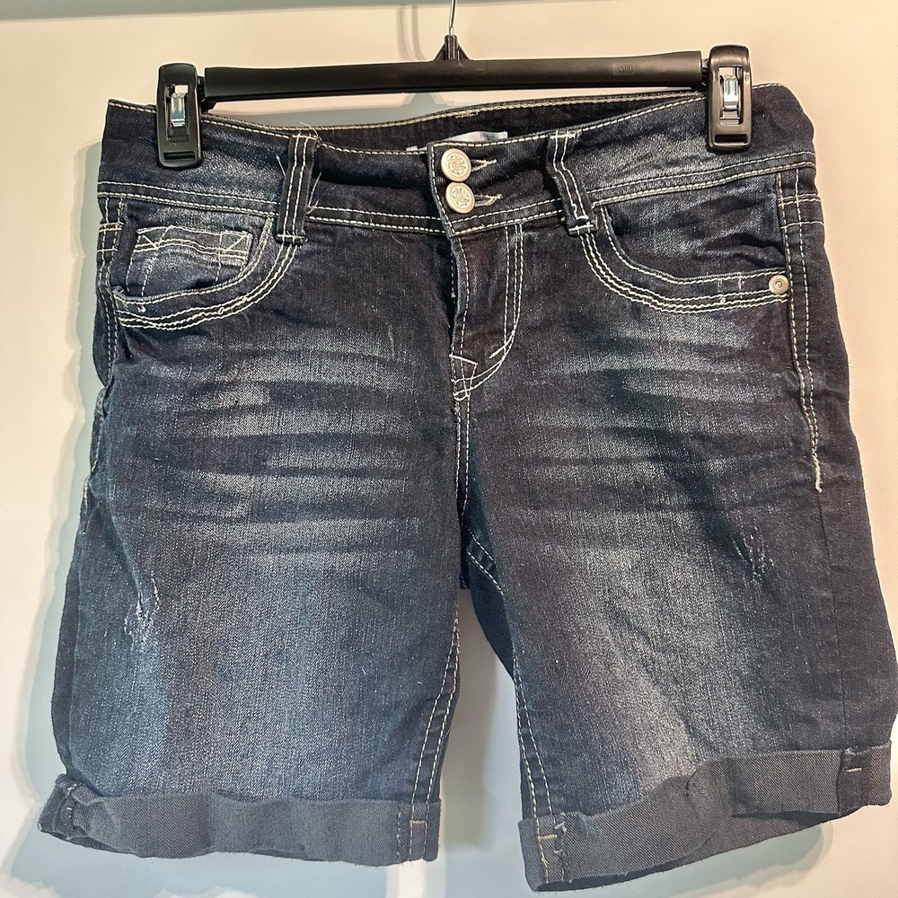 No Boundaries Denim Bermuda Shorts Womens Juniors Sz 13 Dark Wash Stretch Cuffed